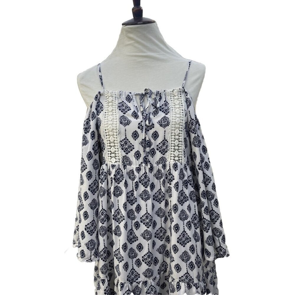 Glamorous Tile Print Cold Shoulder Mini Dress Size Small Lace Insert - Picture 7 of 14
